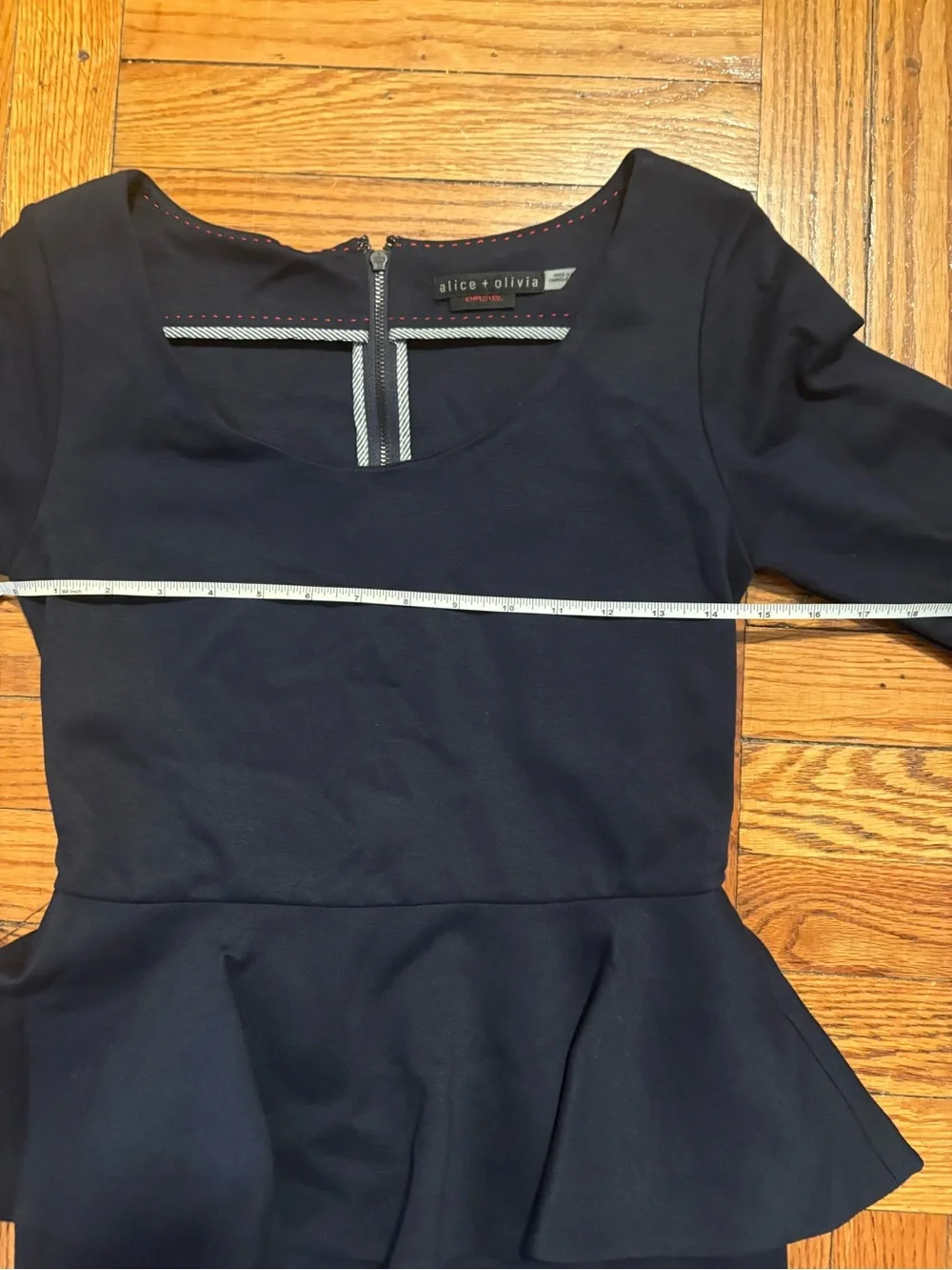 Alice + Olivia Navy Peplum Sheath Dress, stretch, comfy
